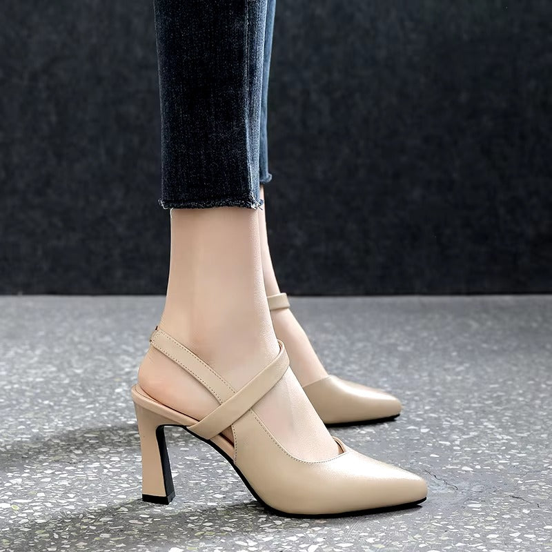 Casual Soft Leather Solid Color Thick High-heeled Sandals