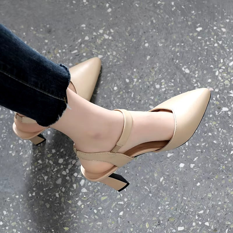 Casual Soft Leather Solid Color Thick High-heeled Sandals