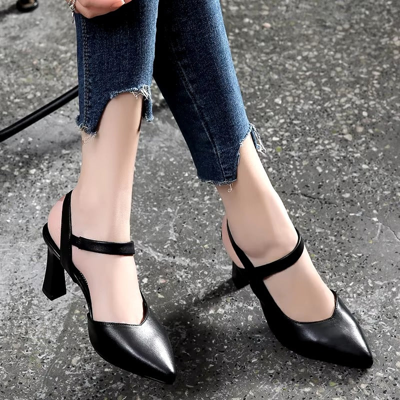 Casual Soft Leather Solid Color Thick High-heeled Sandals