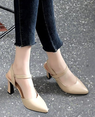 Casual Soft Leather Solid Color Thick High-heeled Sandals