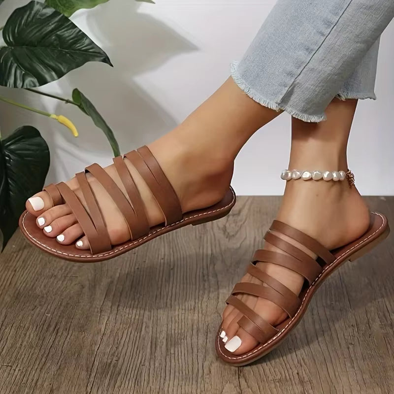 Casual Solid Color Open Toe Loop Outdoor Flat Slippers