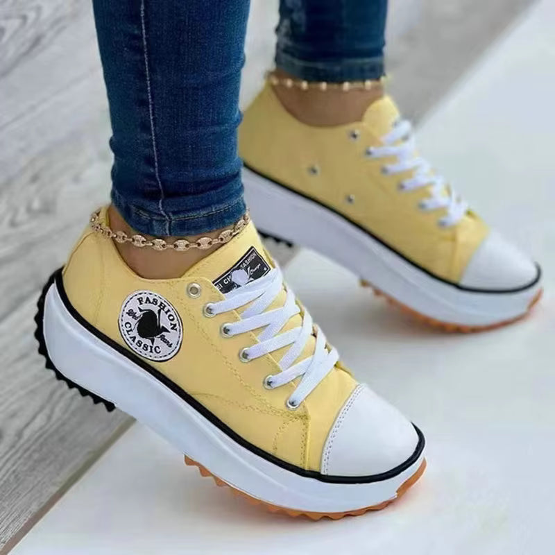 Casual Solid Pattern Canvas Lace-Up Flat Sneakers Shoes