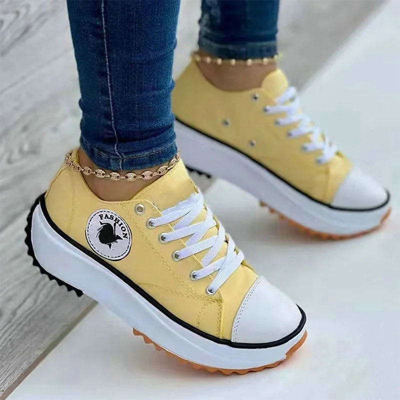 Casual Solid Pattern Canvas Lace-Up Flat Sneakers Shoes