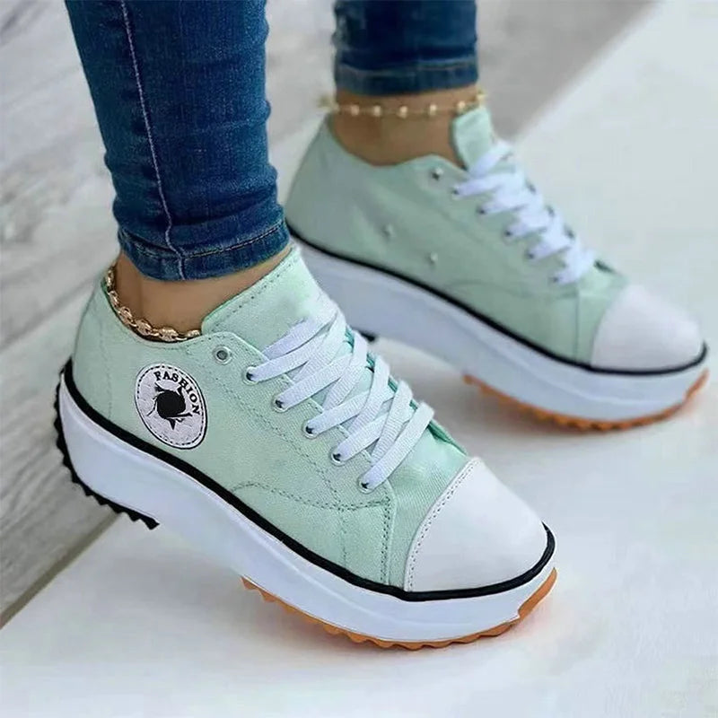 Casual Solid Pattern Canvas Lace-Up Flat Sneakers Shoes