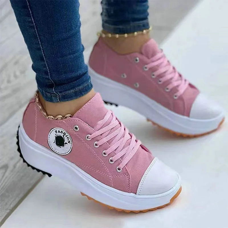 Casual Solid Pattern Canvas Lace-Up Flat Sneakers Shoes