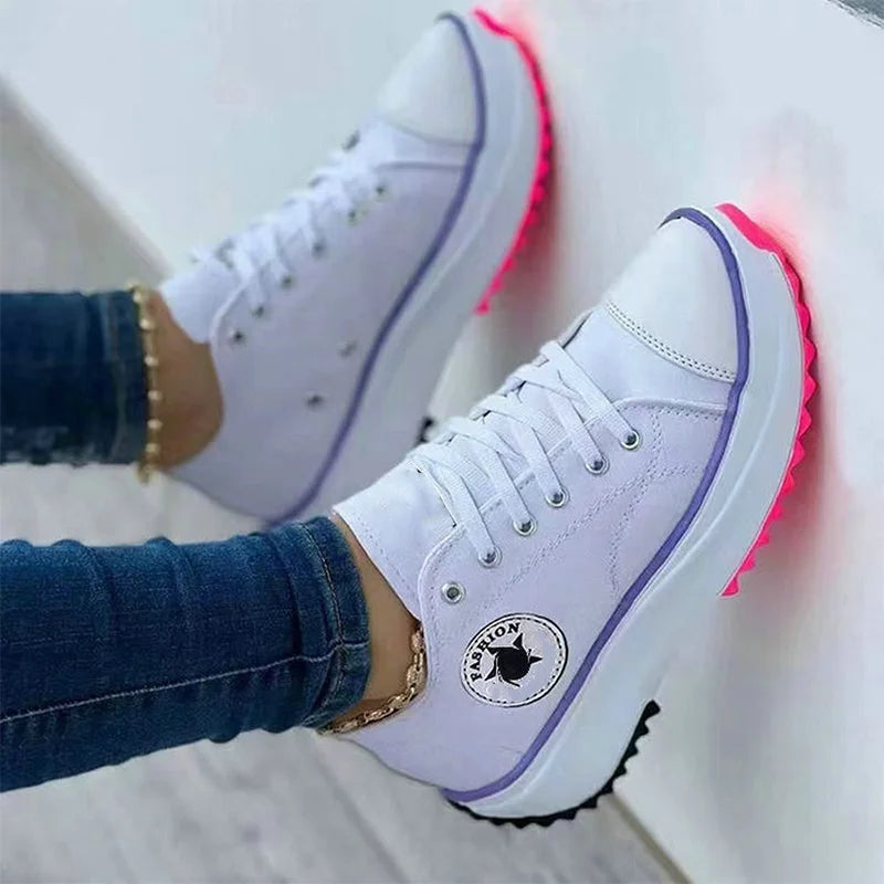 Casual Solid Pattern Canvas Lace-Up Flat Sneakers Shoes