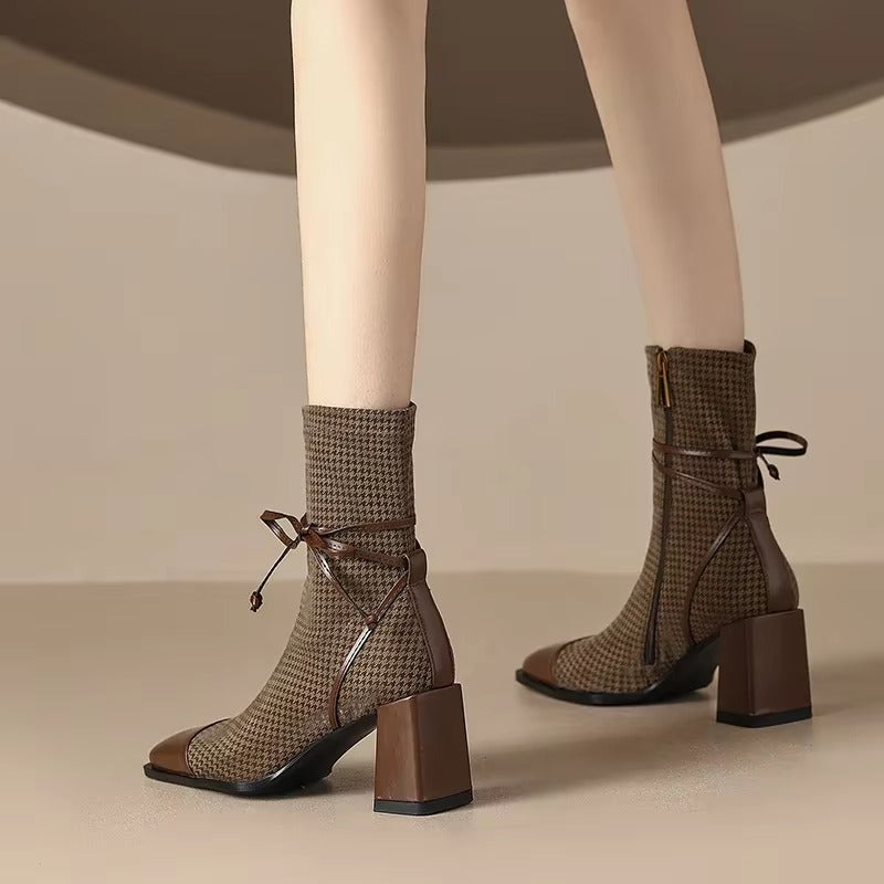 Casual Square Toe Chunky Heel High Heeled Short Boots