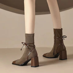 Casual Square Toe Chunky Heel High Heeled Short Boots
