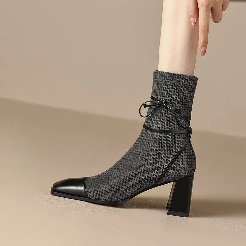 Casual Square Toe Chunky Heel High Heeled Short Boots