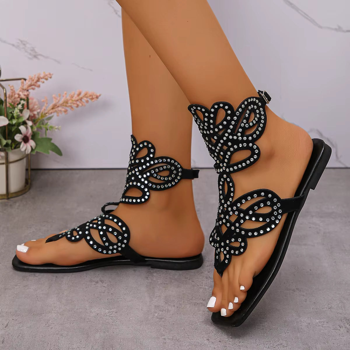 Casual Square Toe Crystal Embellished Openwork Flats Sandals