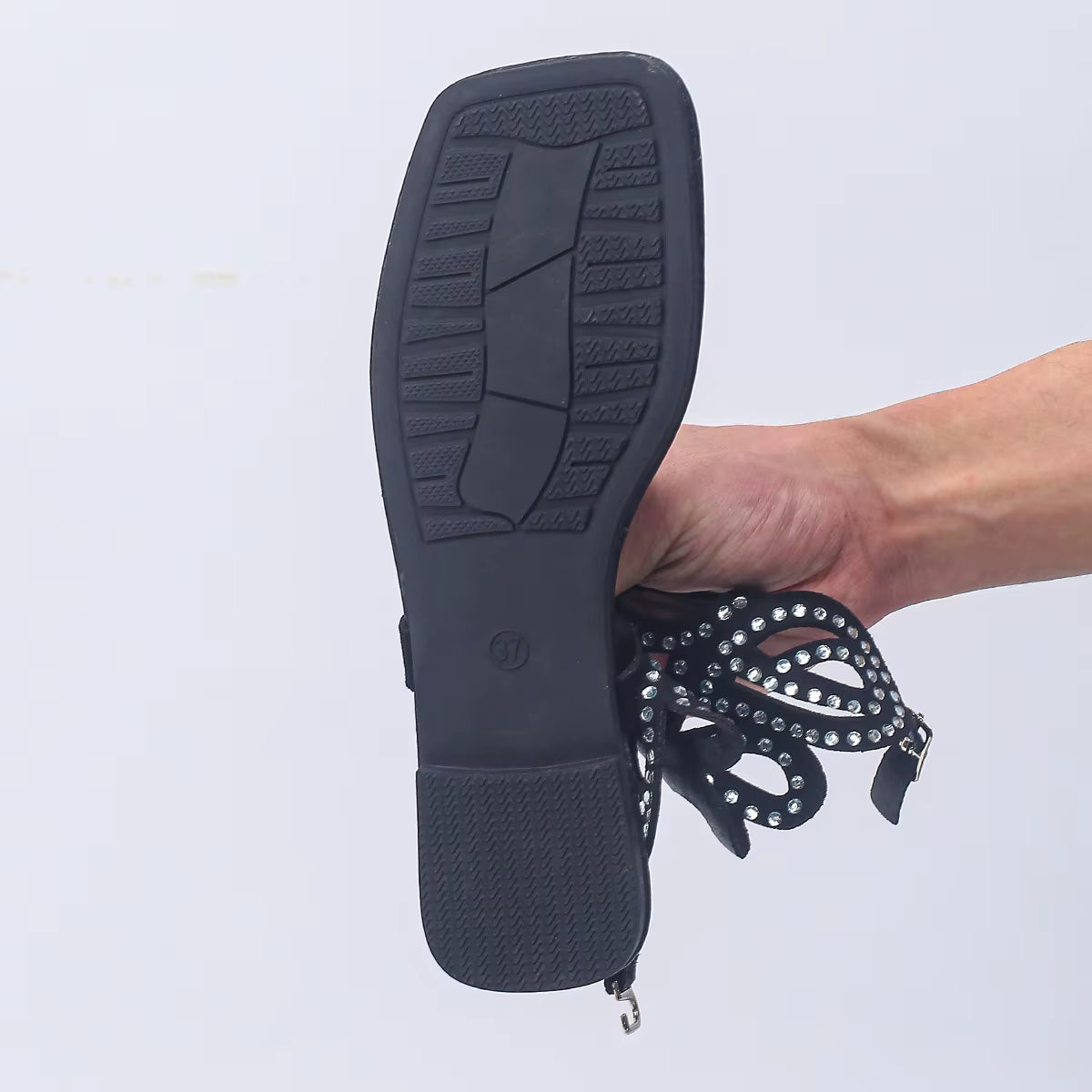 Casual Square Toe Crystal Embellished Openwork Flats Sandals