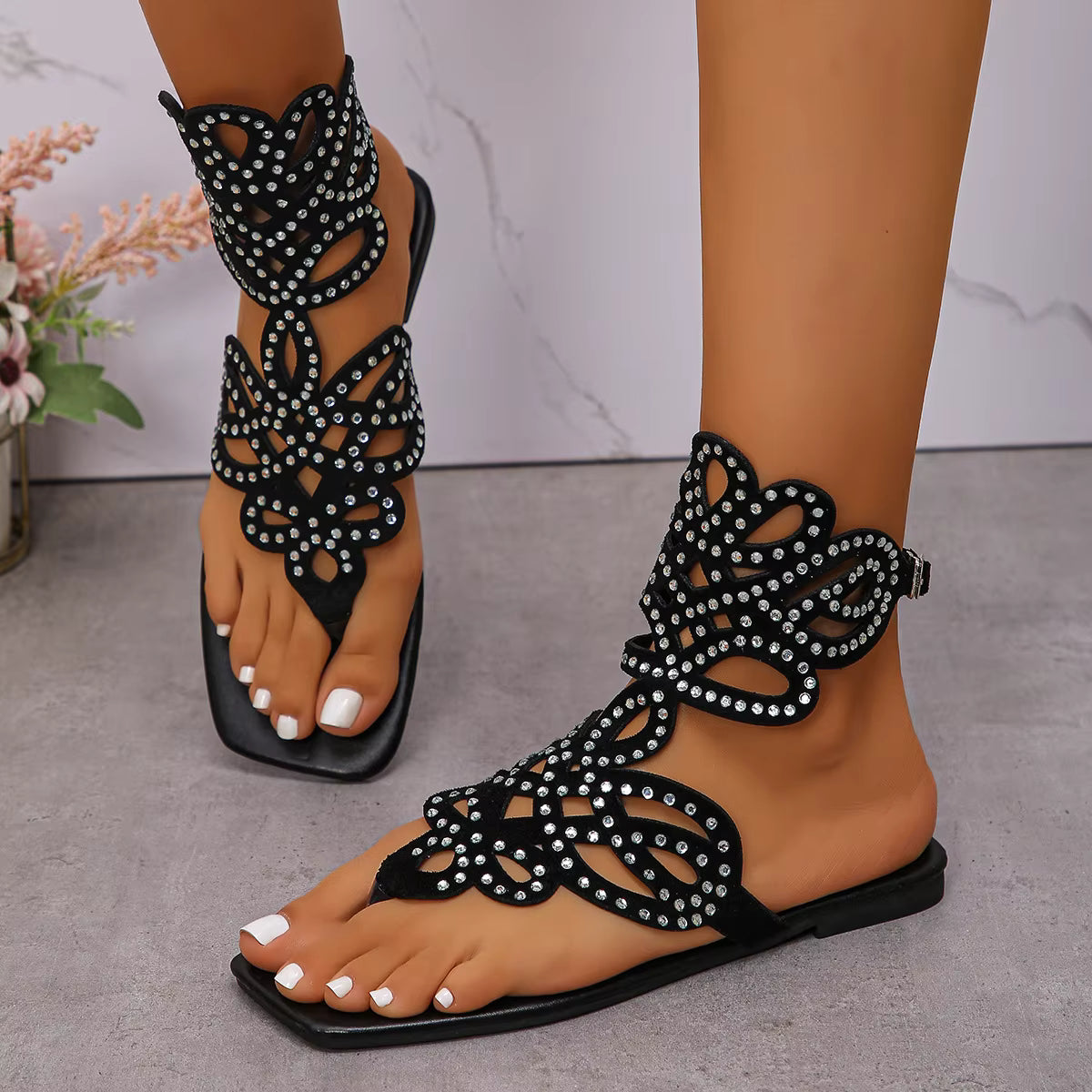Casual Square Toe Crystal Embellished Openwork Flats Sandals