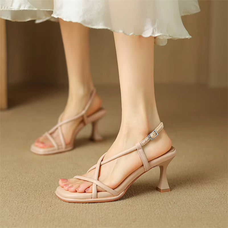 Casual Square Toe Kitten Buckle Narrow Band High Heels