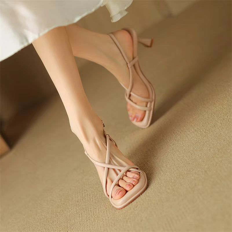 Casual Square Toe Kitten Buckle Narrow Band High Heels