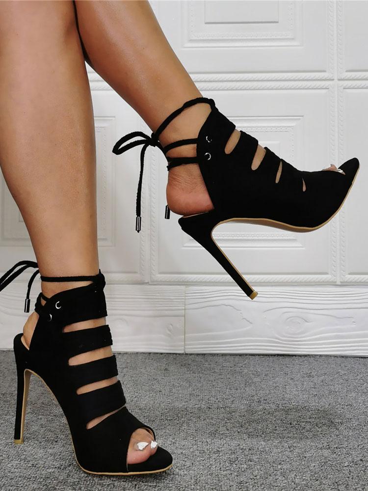 Casual Suede Cut Out Strap Adjustable Stiletto Heel