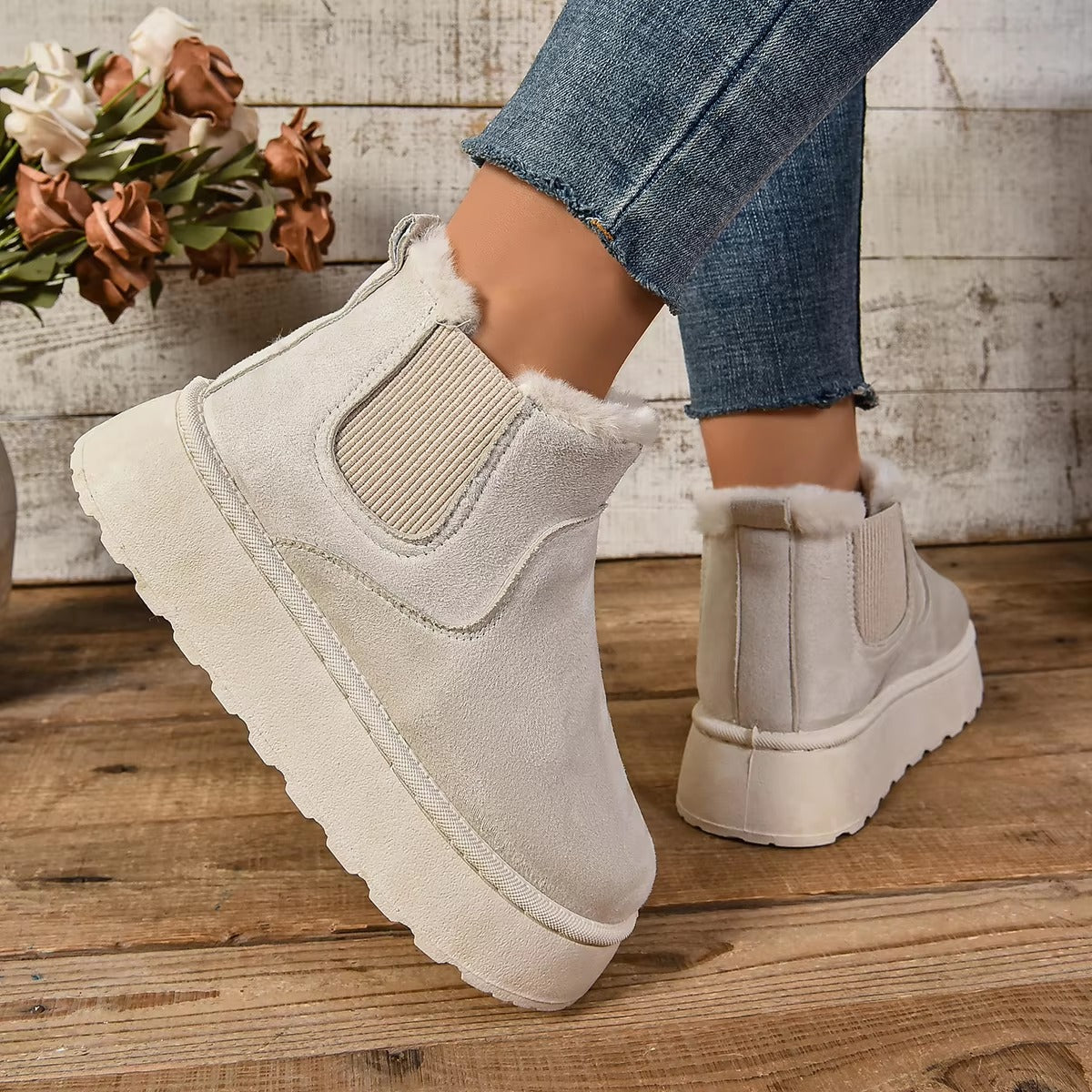 Casual Suede Fur Chelsea Ankle Flats Platform Short Plush Warm Snow Boots