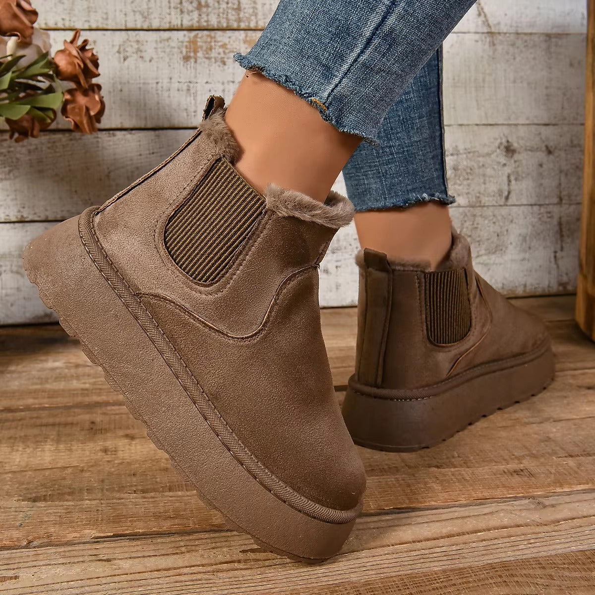 Casual Suede Fur Chelsea Ankle Flats Platform Short Plush Warm Snow Boots