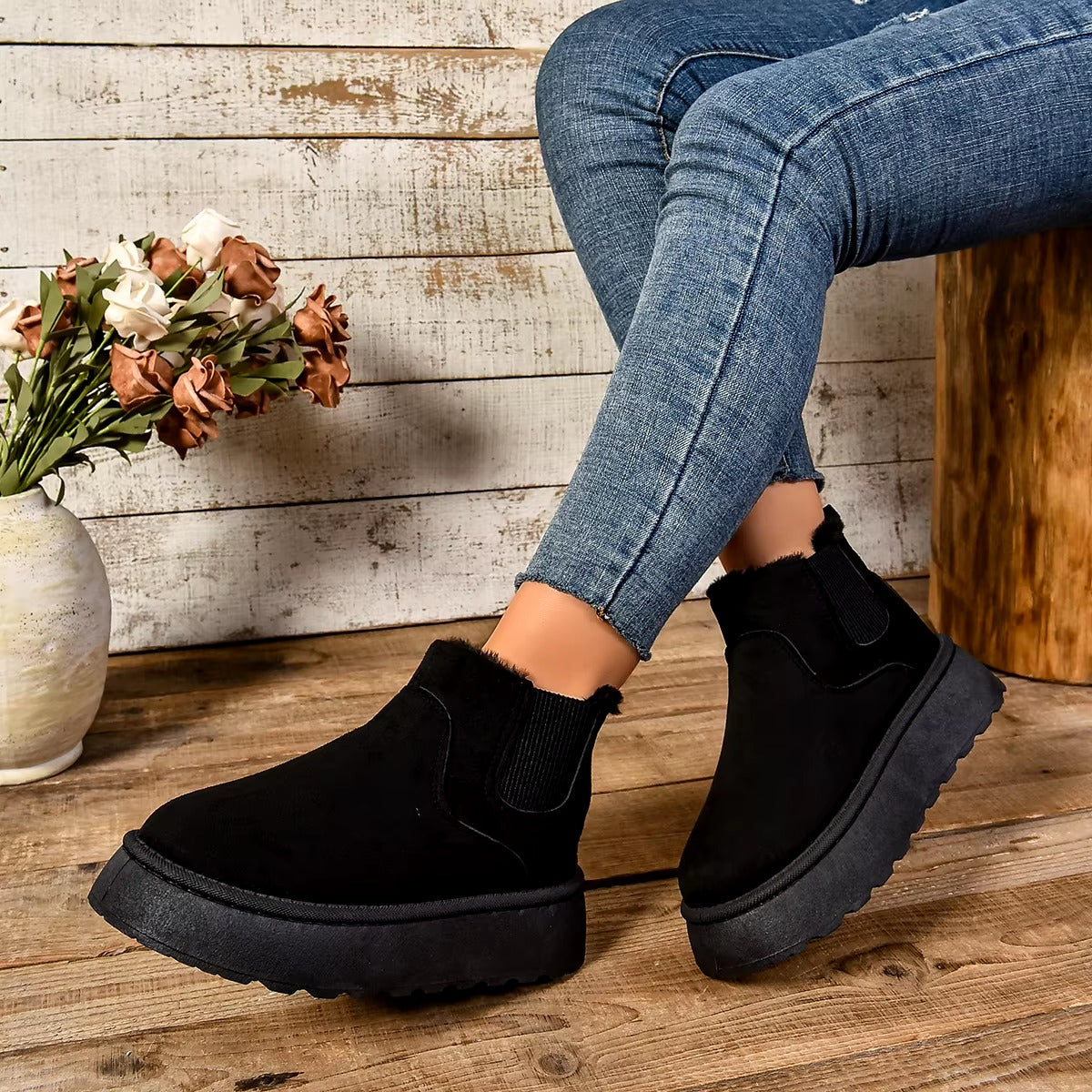 Casual Suede Fur Chelsea Ankle Flats Platform Short Plush Warm Snow Boots