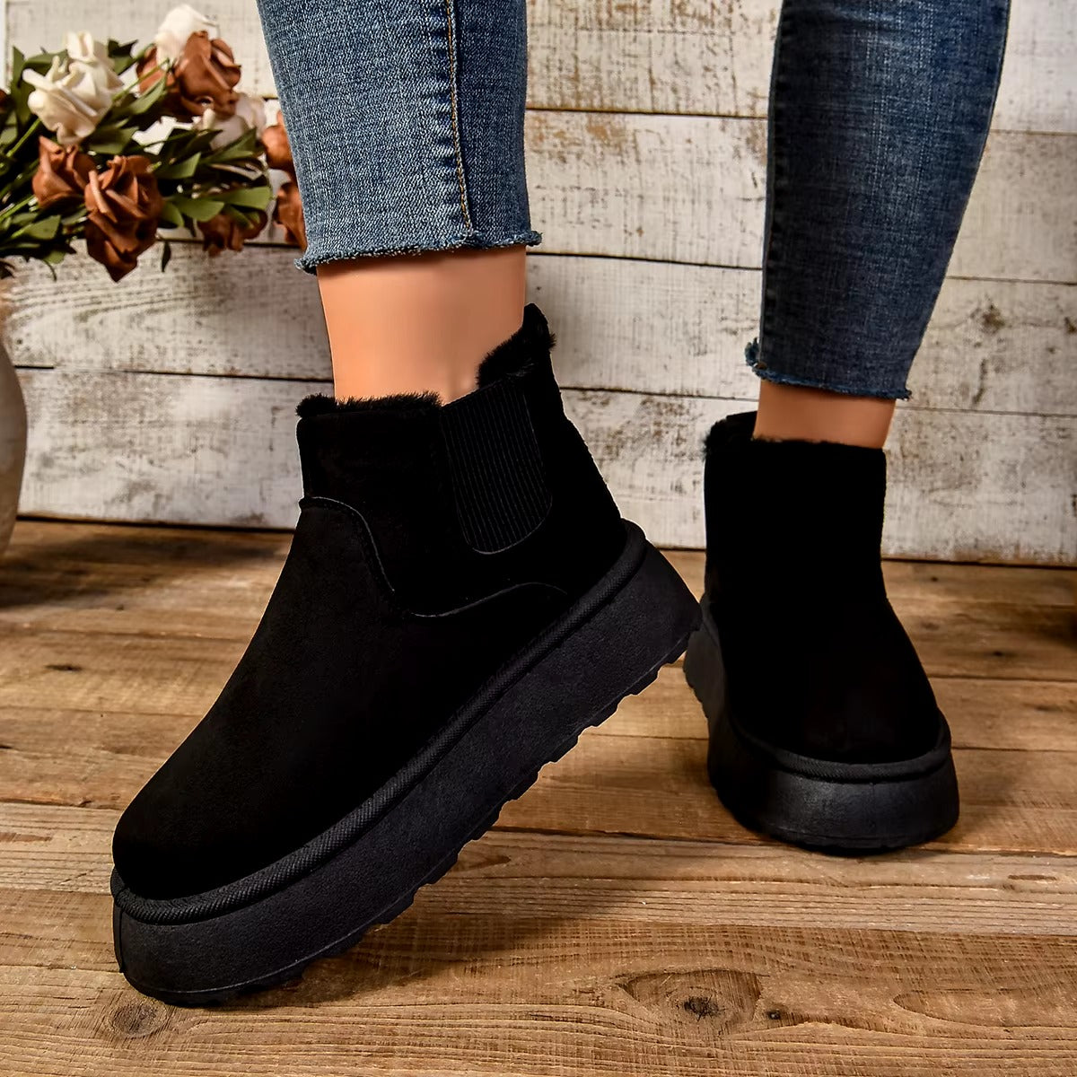 Casual Suede Fur Chelsea Ankle Flats Platform Short Plush Warm Snow Boots