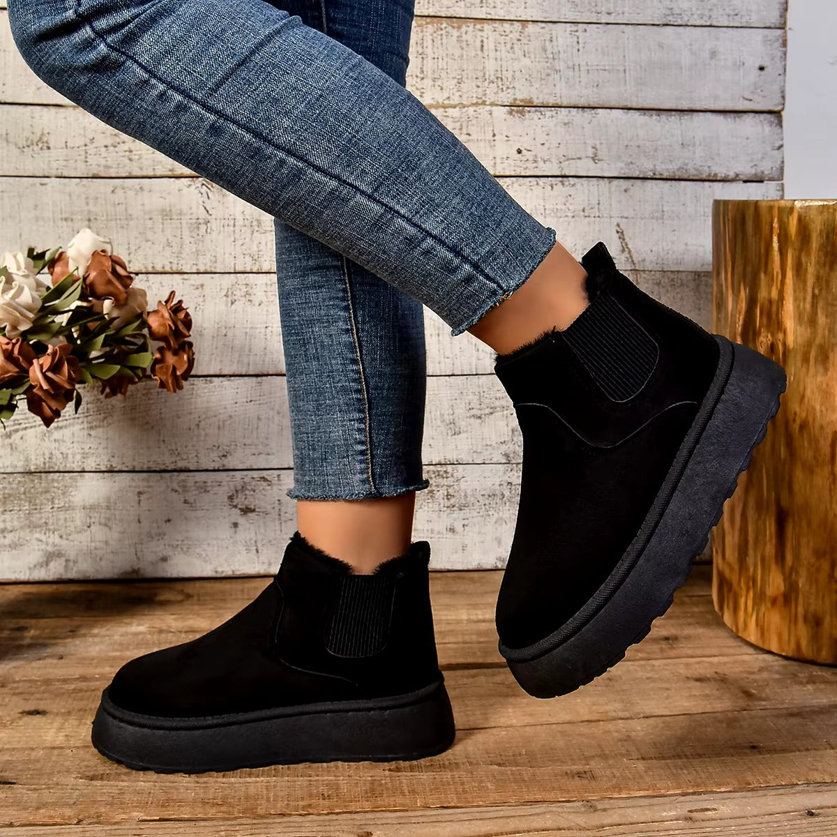 Casual Suede Fur Chelsea Ankle Flats Platform Short Plush Warm Snow Boots