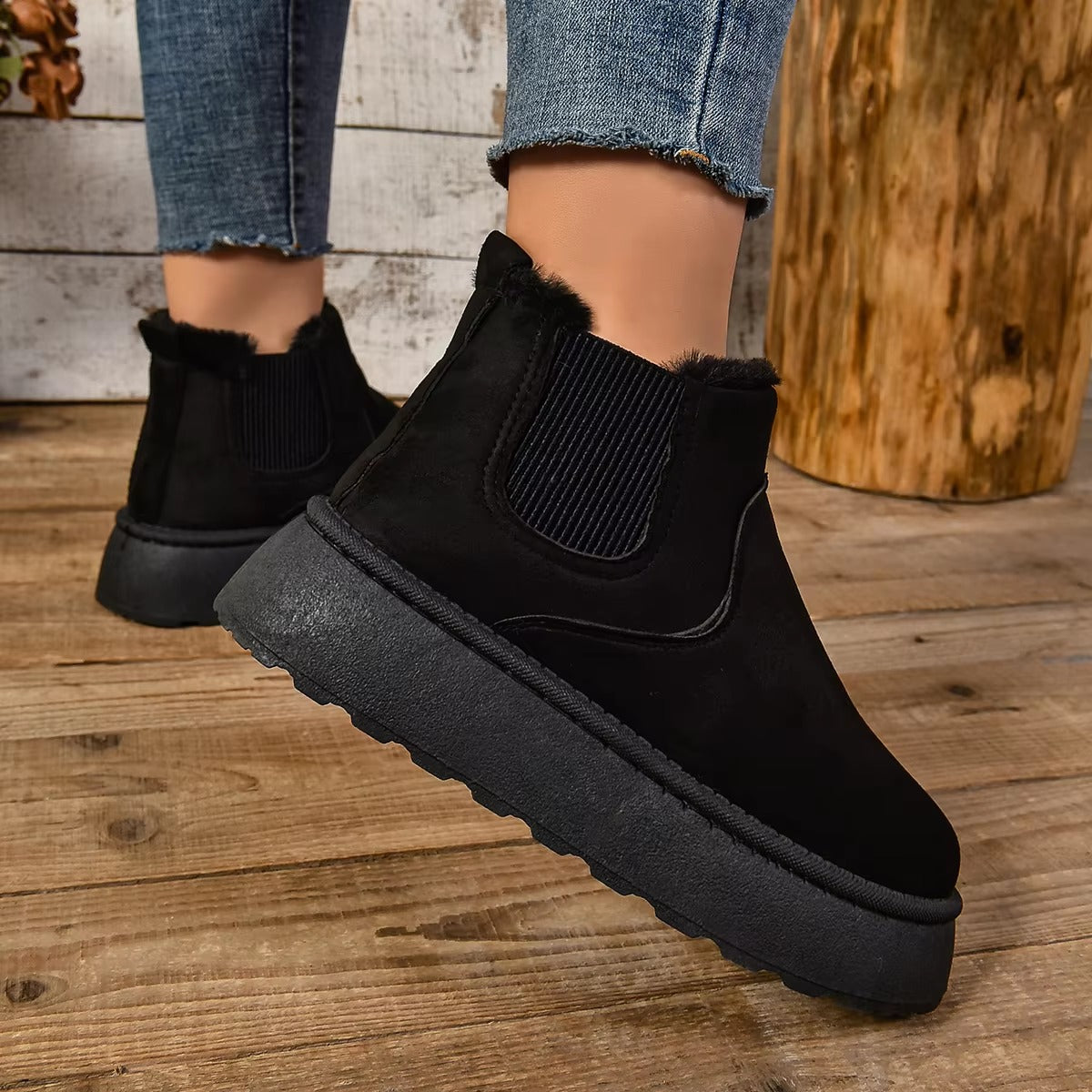 Casual Suede Fur Chelsea Ankle Flats Platform Short Plush Warm Snow Boots