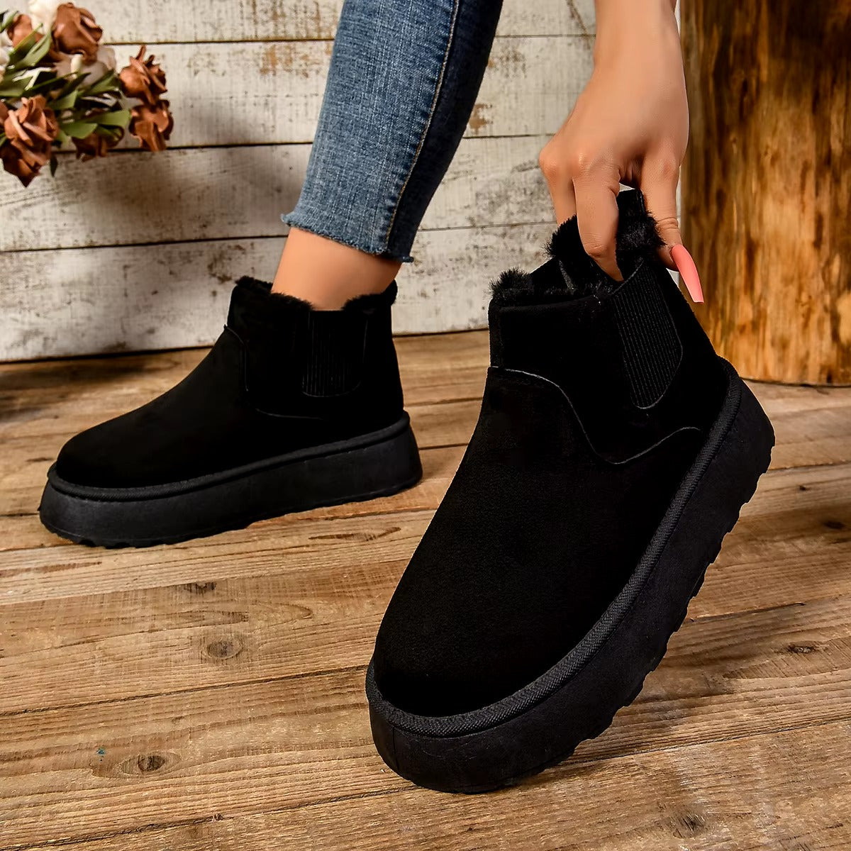 Casual Suede Fur Chelsea Ankle Flats Platform Short Plush Warm Snow Boots