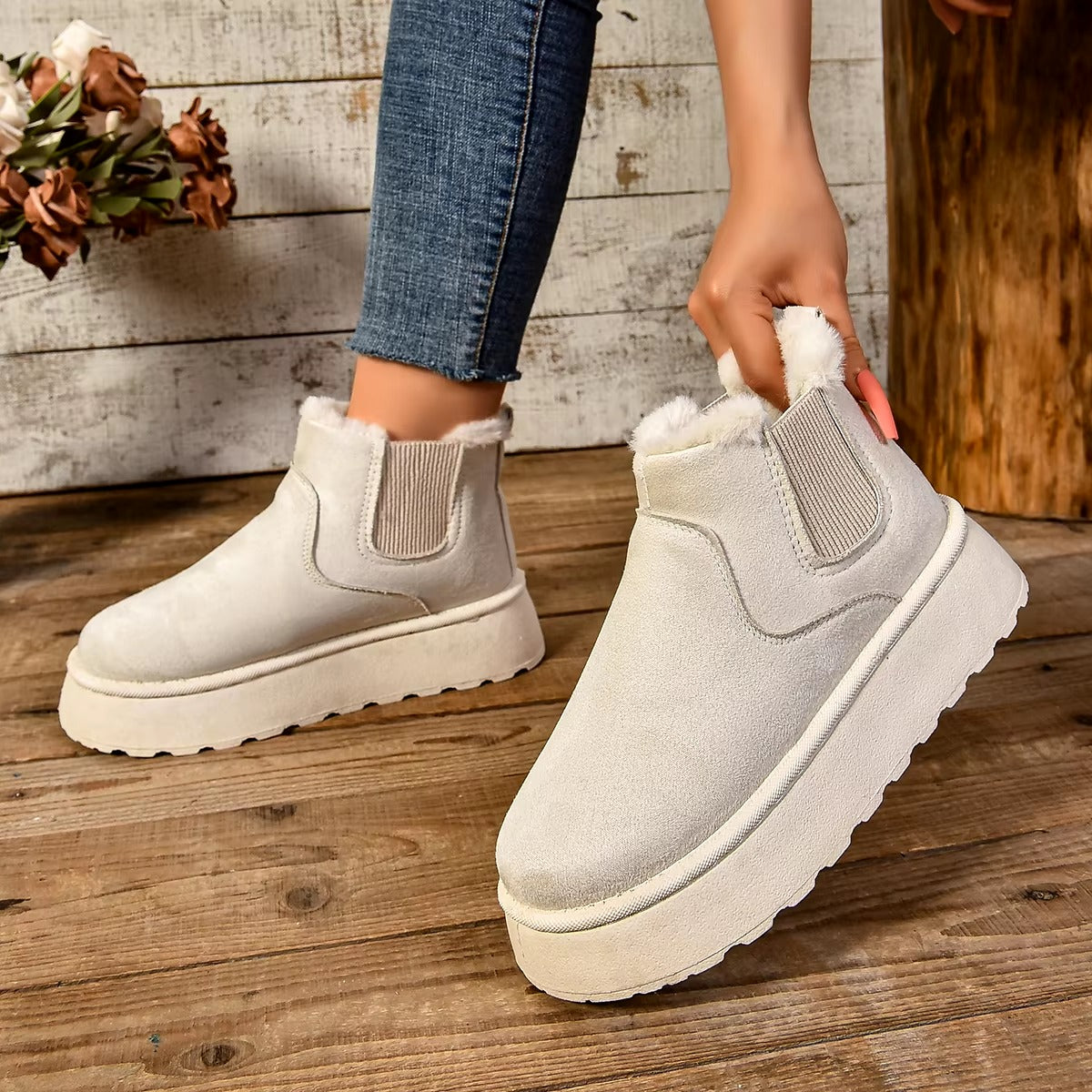 Casual Suede Fur Chelsea Ankle Flats Platform Short Plush Warm Snow Boots