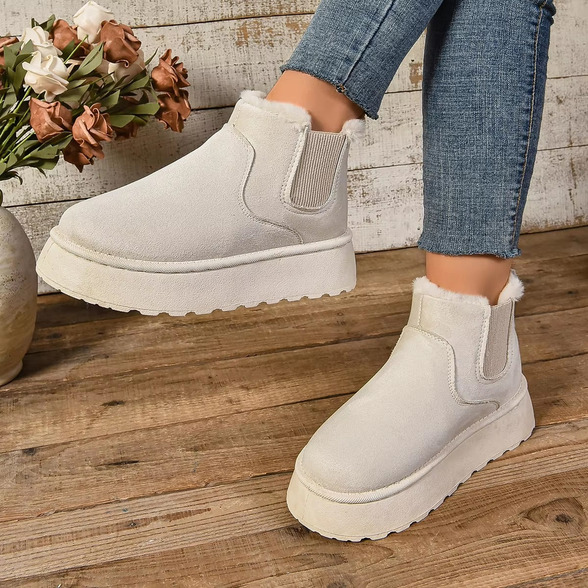 Casual Suede Fur Chelsea Ankle Flats Platform Short Plush Warm Snow Boots