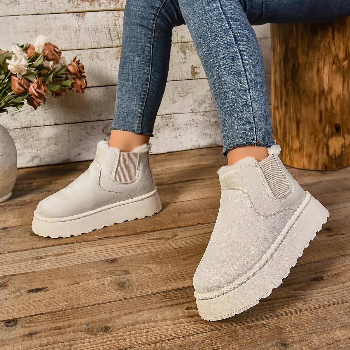 Casual Suede Fur Chelsea Ankle Flats Platform Short Plush Warm Snow Boots