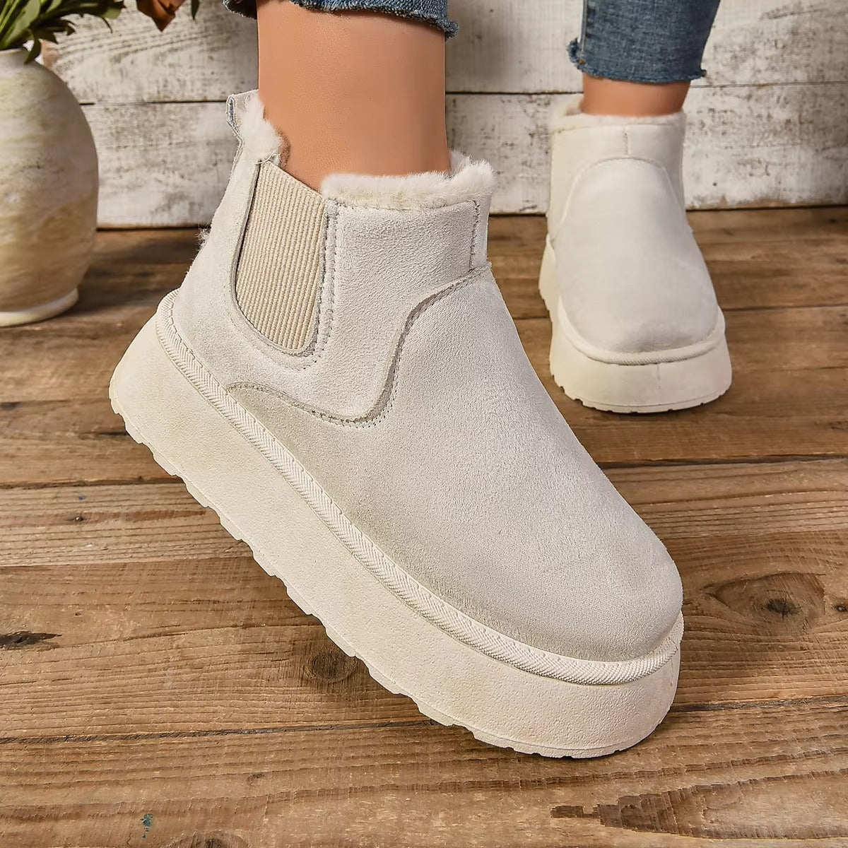 Casual Suede Fur Chelsea Ankle Flats Platform Short Plush Warm Snow Boots