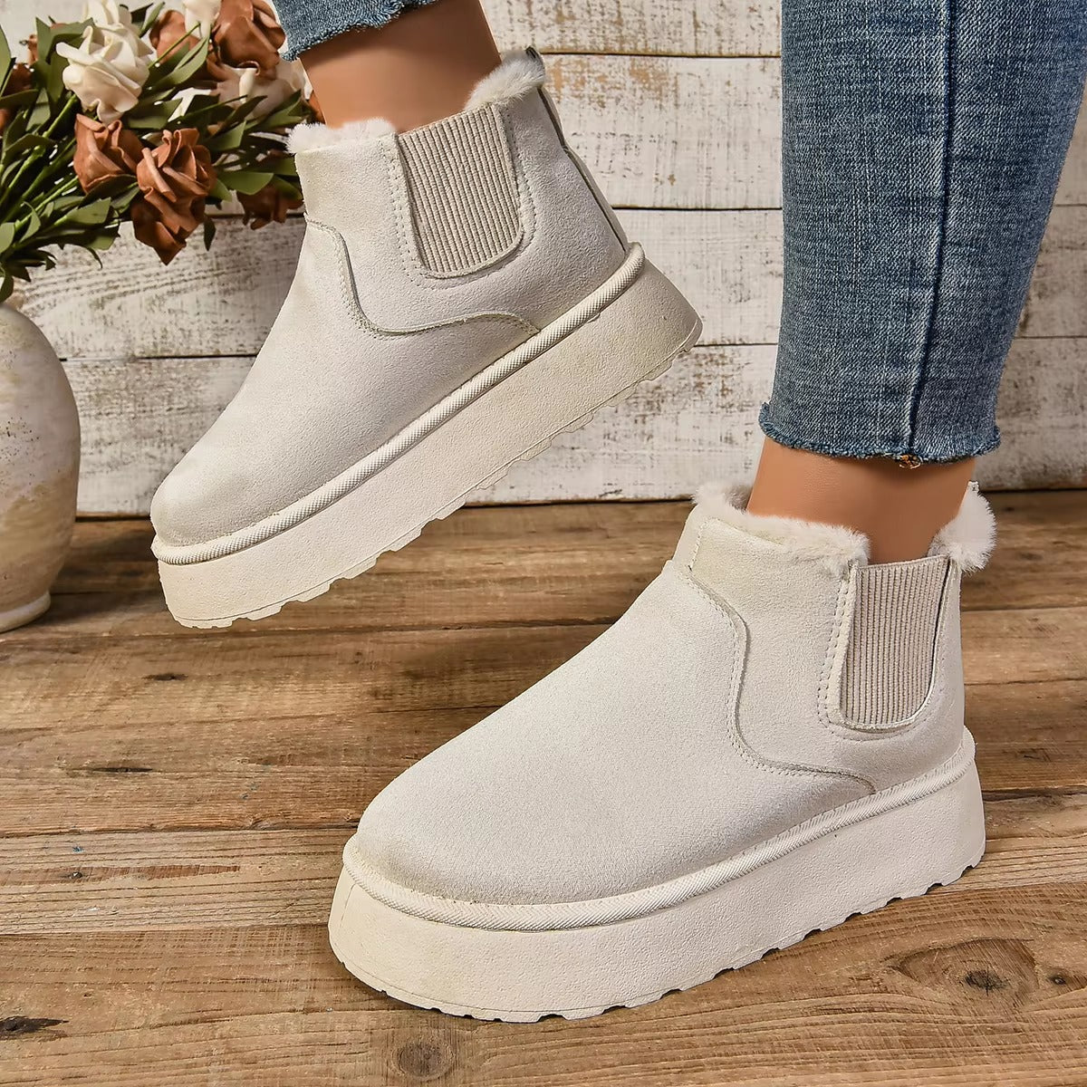 Casual Suede Fur Chelsea Ankle Flats Platform Short Plush Warm Snow Boots