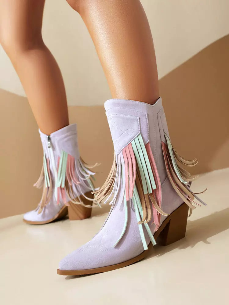 Casual Suede Pointed Toe Polyurethane Cowgirl With Tassles Ankle Boots