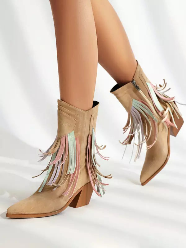 Casual Suede Pointed Toe Polyurethane Cowgirl With Tassles Ankle Boots