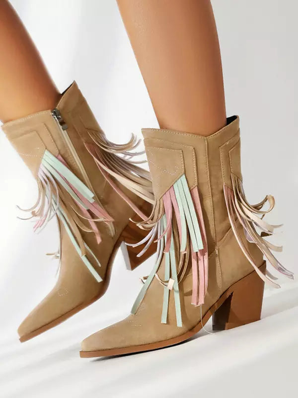 Casual Suede Pointed Toe Polyurethane Cowgirl With Tassles Ankle Boots