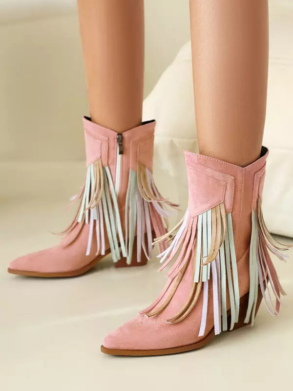 Casual Suede Pointed Toe Polyurethane Cowgirl With Tassles Ankle Boots