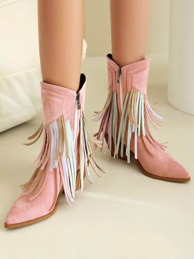 Casual Suede Pointed Toe Polyurethane Cowgirl With Tassles Ankle Boots