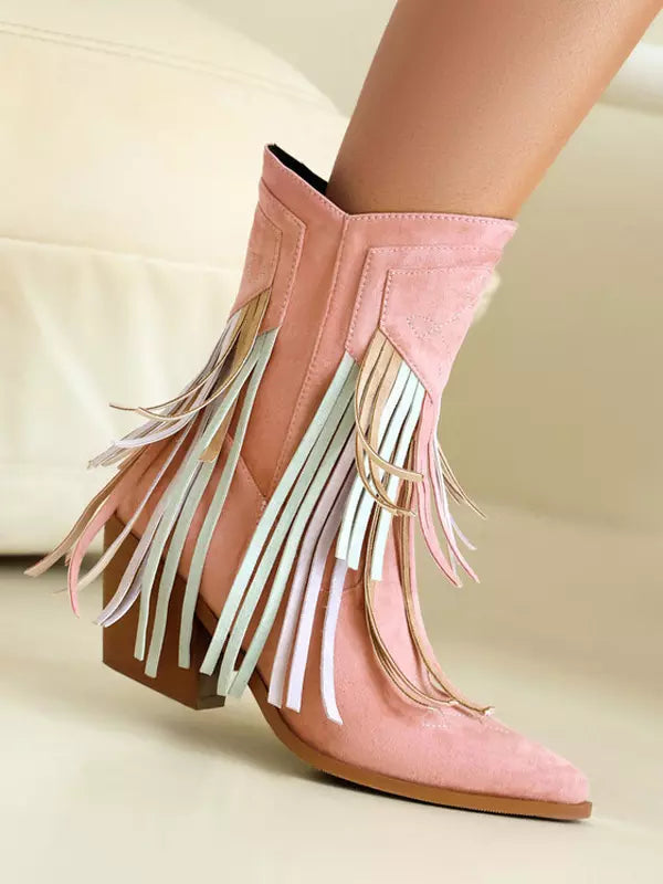 Casual Suede Pointed Toe Polyurethane Cowgirl With Tassles Ankle Boots