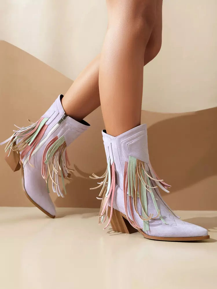 Casual Suede Pointed Toe Polyurethane Cowgirl With Tassles Ankle Boots