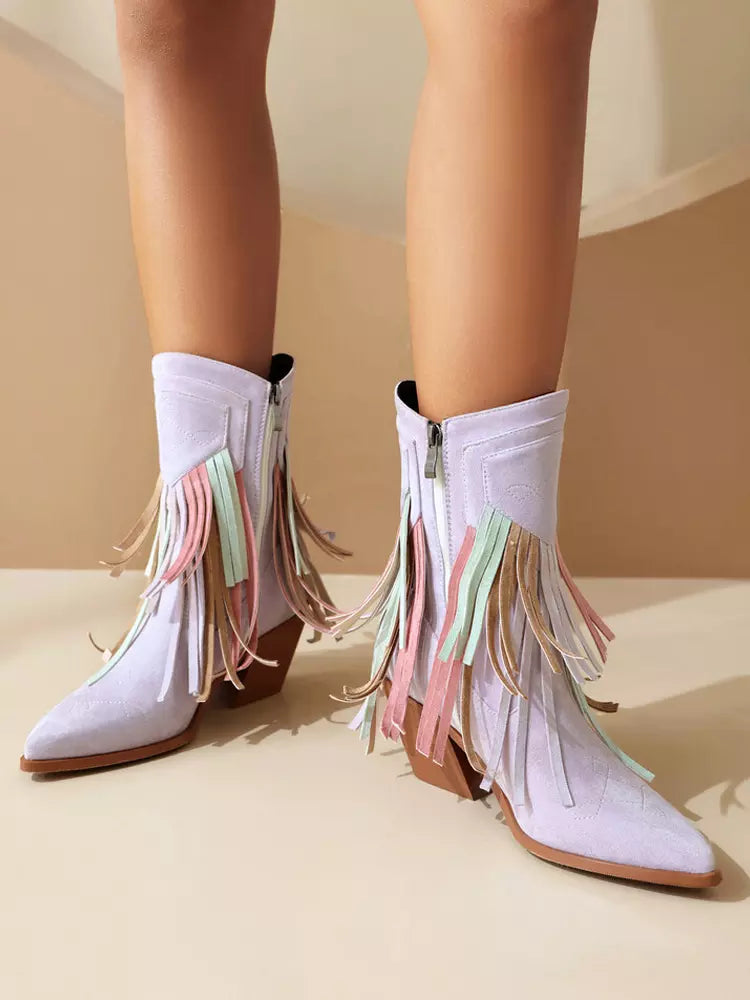 Casual Suede Pointed Toe Polyurethane Cowgirl With Tassles Ankle Boots