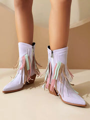 Casual Suede Pointed Toe Polyurethane Cowgirl With Tassles Ankle Boots