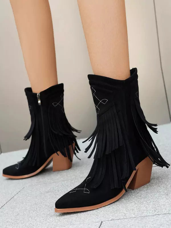 Casual Suede Pointed Toe Polyurethane Cowgirl With Tassles Ankle Boots