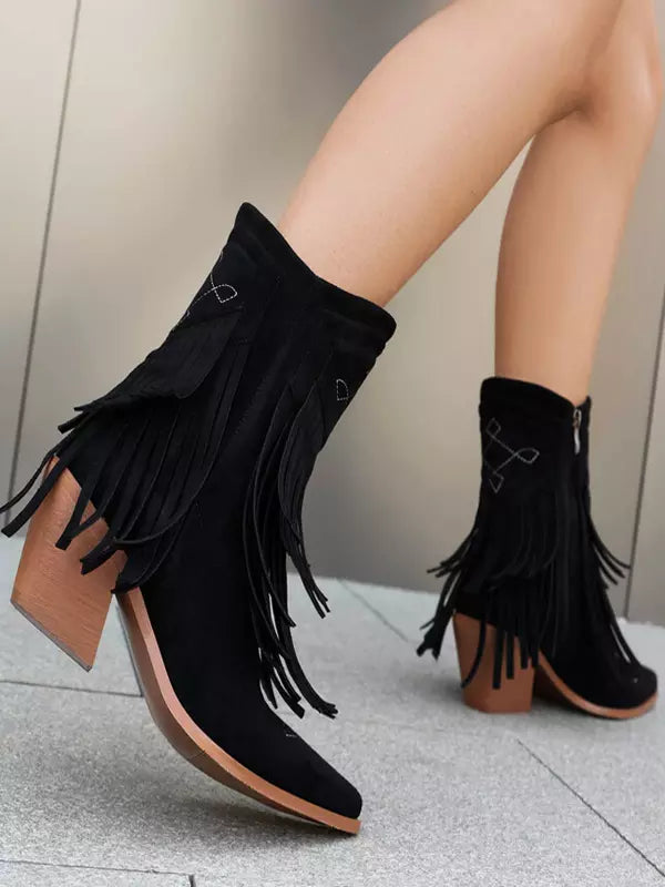Casual Suede Pointed Toe Polyurethane Cowgirl With Tassles Ankle Boots
