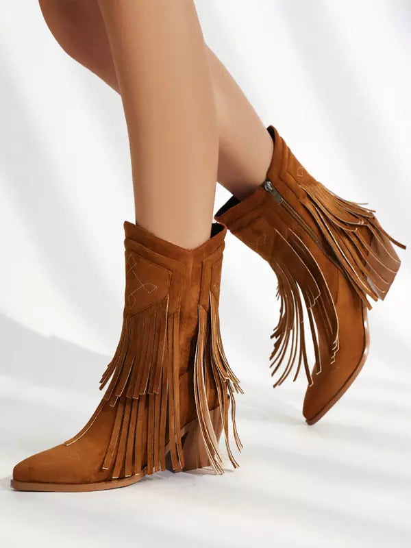 Casual Suede Pointed Toe Polyurethane Cowgirl With Tassles Ankle Boots