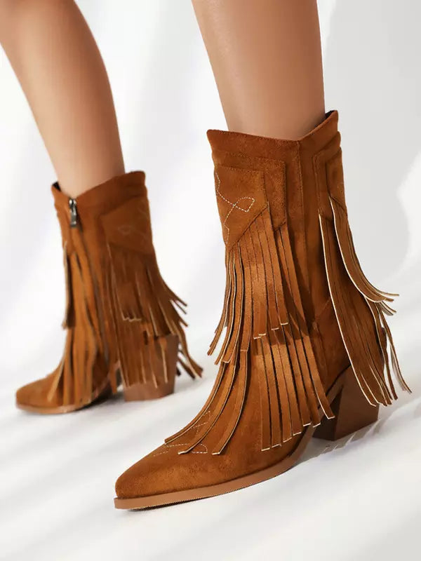 Casual Suede Pointed Toe Polyurethane Cowgirl With Tassles Ankle Boots