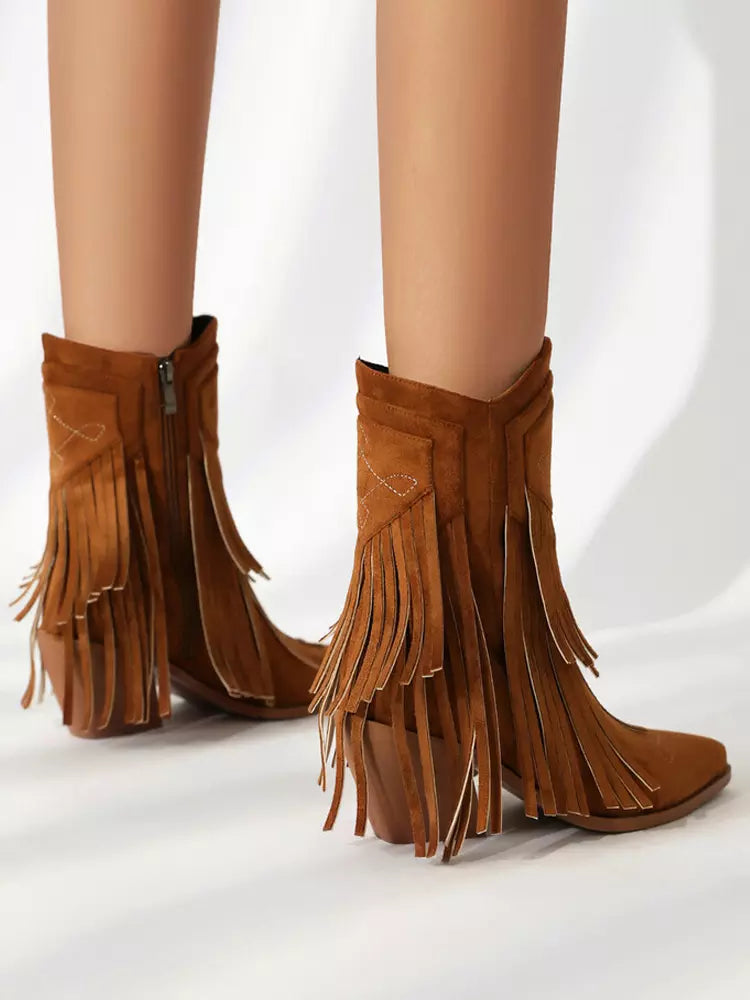Casual Suede Pointed Toe Polyurethane Cowgirl With Tassles Ankle Boots