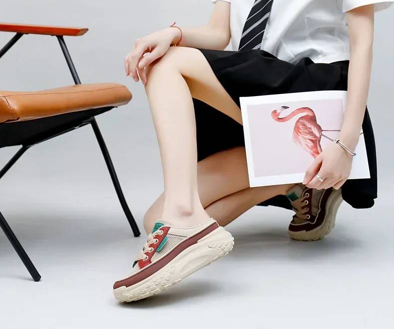 Casual Thick Soles Increase Mesh Lace Up Half Slipper Sports Shoes