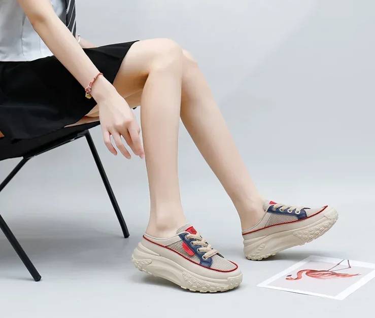 Casual Thick Soles Increase Mesh Lace Up Half Slipper Sports Shoes