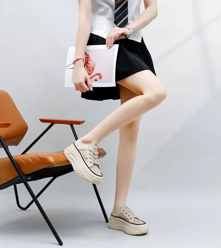 Casual Thick Soles Increase Mesh Lace Up Half Slipper Sports Shoes