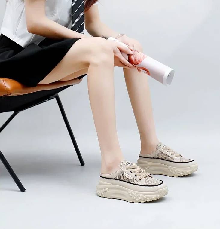 Casual Thick Soles Increase Mesh Lace Up Half Slipper Sports Shoes