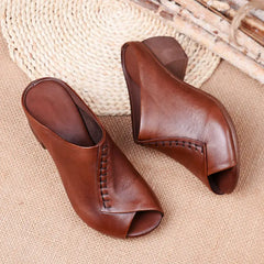 Casual Thick-heeled Soft Fish Mouth Comfortable Leather Outer Slippers